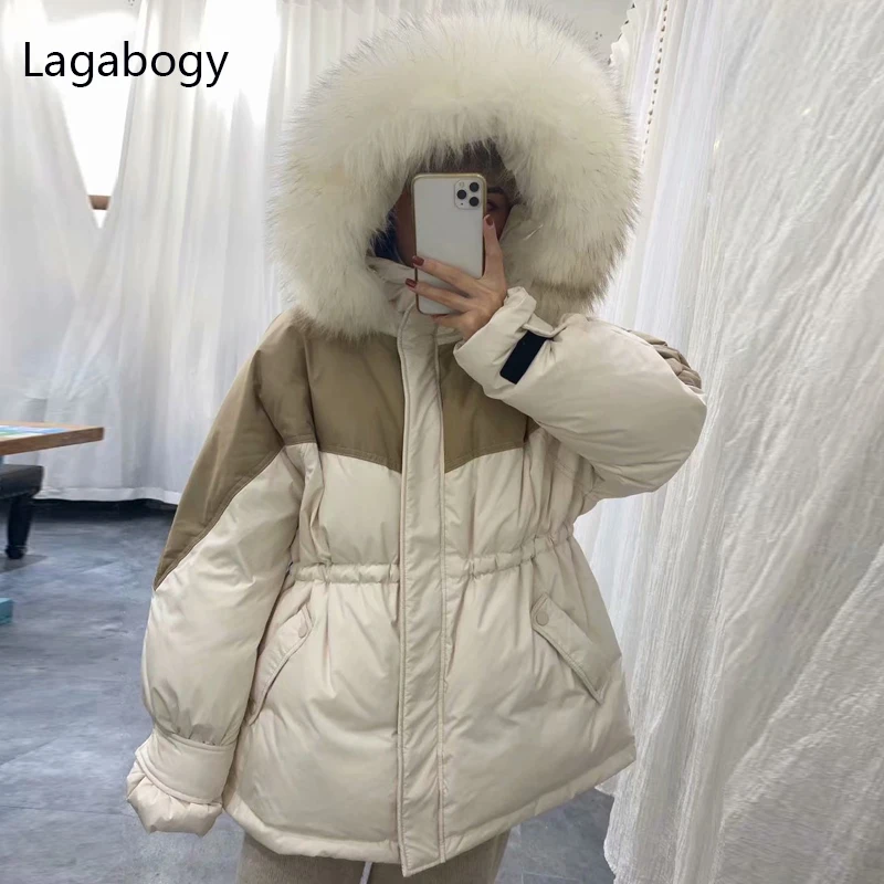 

Lagabogy 2021 Winter Women 90% White Duck Down Short Parkas Female Sash Tie Up Snow Coat Loose Warm Jackets Big Real Raccon Fur