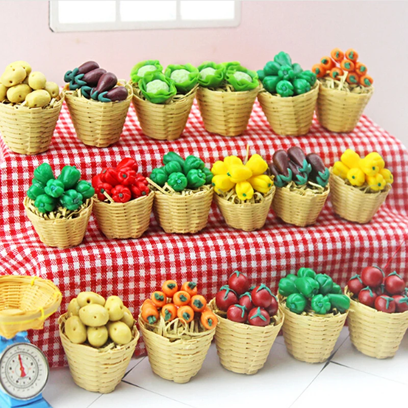 

Hot 1:12 Mini Simulation Artificial Fruits And Vegetables For Children Doll House Vegetable Bamboo Basket Miniature Accessories