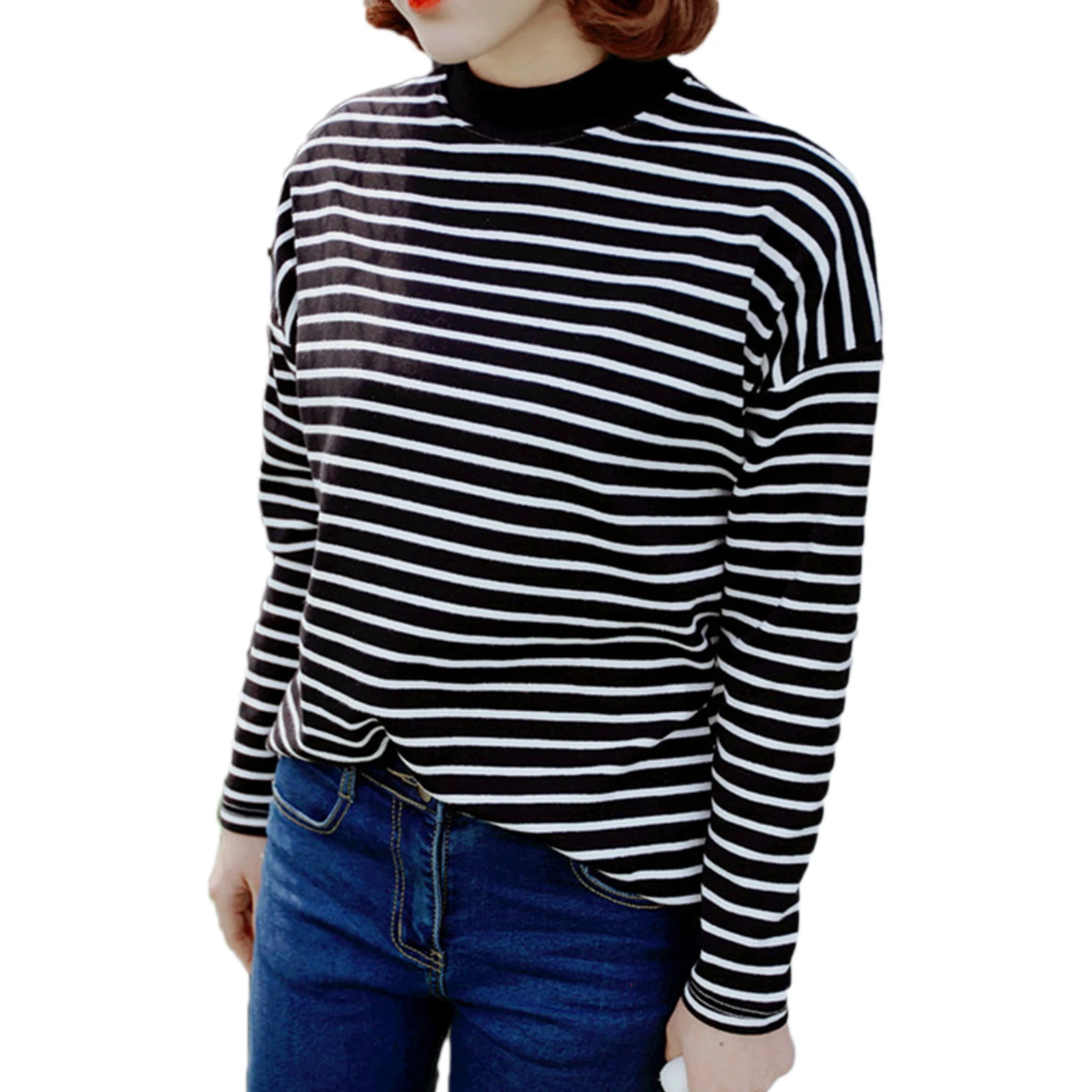 

Women Casual Long Sleeve O Neck Pullover Horizontal Stripes Loose Blouse Top