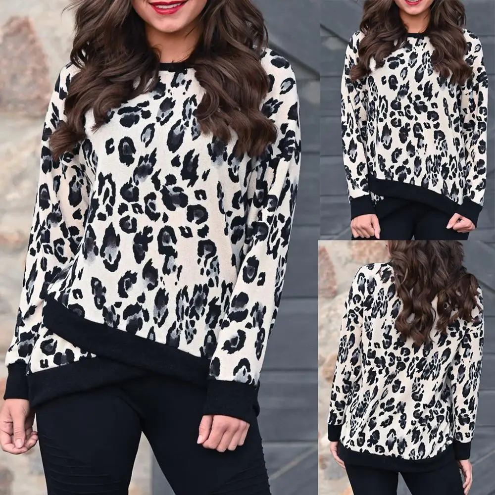 

Leopard Sweatshirt Womens O-Neck Long Sleeves Leopard Print Easy Blouse Tops Irregular Sweatshirt Streetwear Blouse Women BB3M
