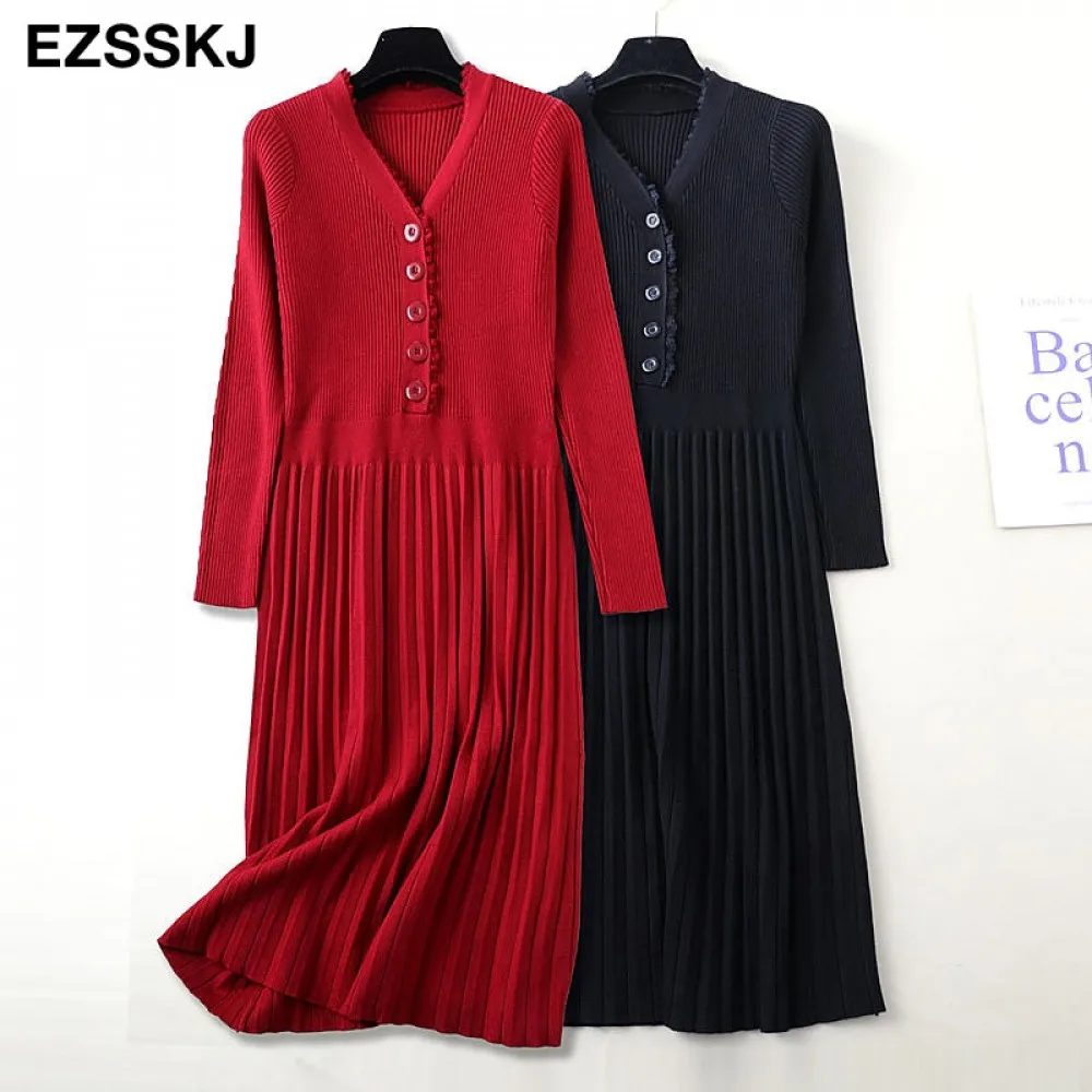 Женское трикотажное платье свитер средней длины с V образным вырезом|Женские