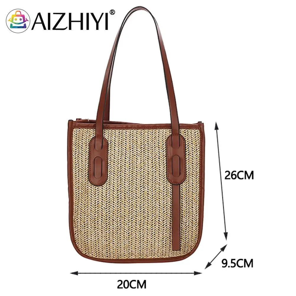 

Fashion Women Straw Woven PU Leather Patchwork Large Capacity Shoulder Shopping Bag Casual Ladies Summer Solid Color Handbags