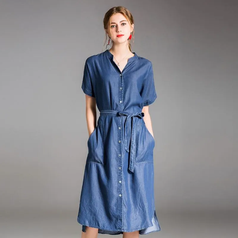 

Новое однобортное модное джинсовое платье средней длины Tencel