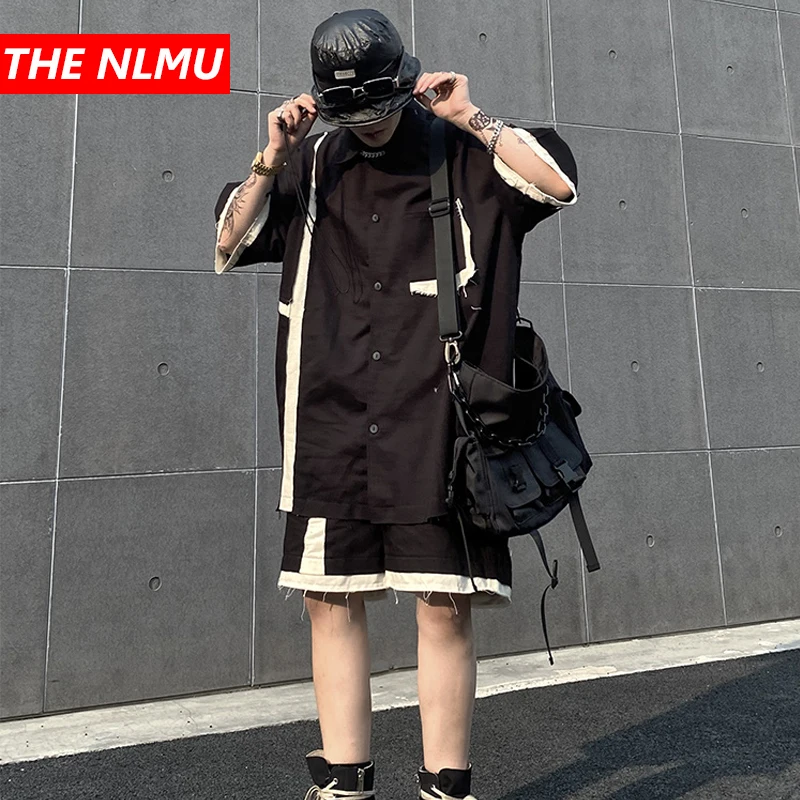 

Hip Hop Black Shirts Men Hip Hop Short Sleeve Patchwork Shirt+Shorts 2021 Summer Men Street Style Streetwear Clothing WQ624