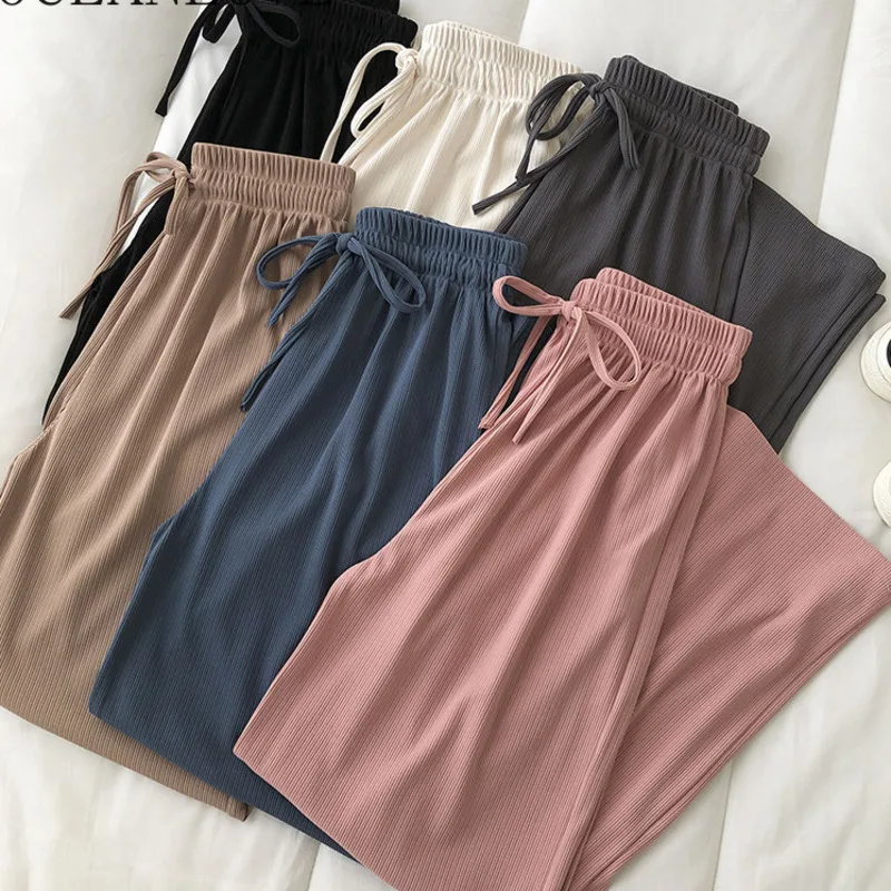 

TVOVVIN Solid Wide Leg Pants Solid Drawstring Loose 2021 Spring Summer Pantalones De Mujer Korean High Waist Woman Pants Q7DK