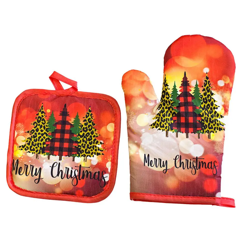 

2pcs Oven Mitts And Pot Holders Set Heat Resistant Kitchen Microwave Gloves For Christmas Baking Grilling BBQ Christmas Kitchen