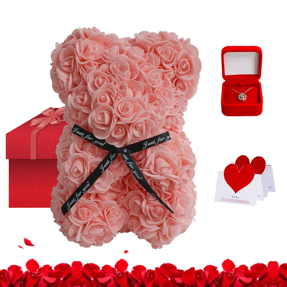 

Rose Bear Rose Teddy Bear and Necklace Card Gift Box Set for Anniversary Birthdays Bridal Showers Mother's Day FAS6