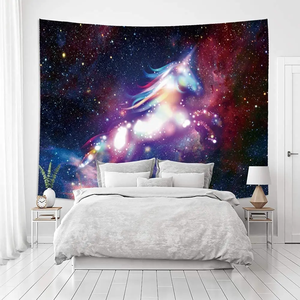 Tapiz de unicornio de galaxia, arte de pared estrellado colgante, arte de pared bohemio de poli&eacute;ster-2