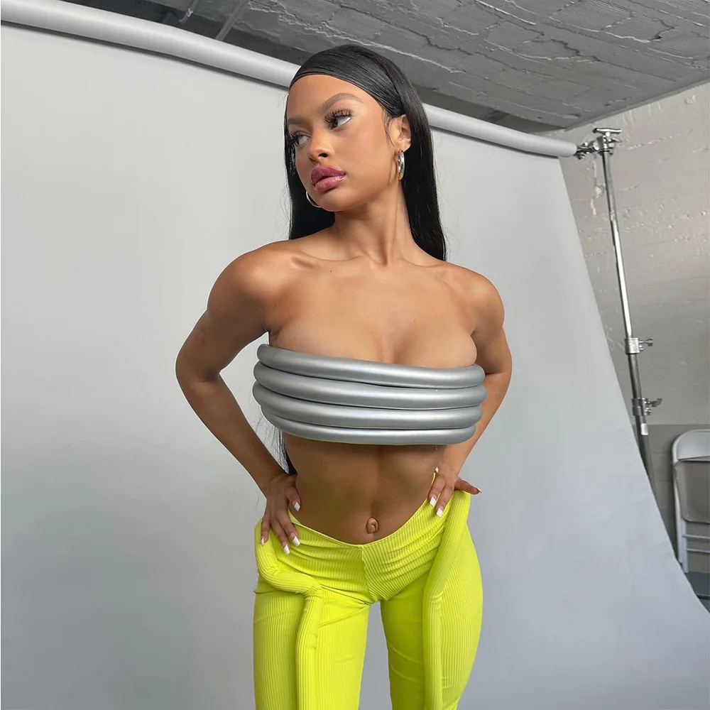 

Dress Summer 2021 Ladies Women Outfit Party Robe Female Clothing Long Casual Autumn New Hot Silver Lace Up Sexy Cylindrical Top