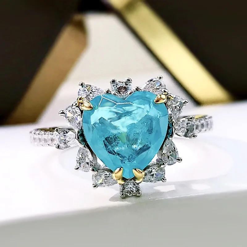 Trendy 925 Sterling Silver Heart Paraiba Tourmaline Rings for Women Fine Jewelry Love Promise Finger Ring Engagement Wedding