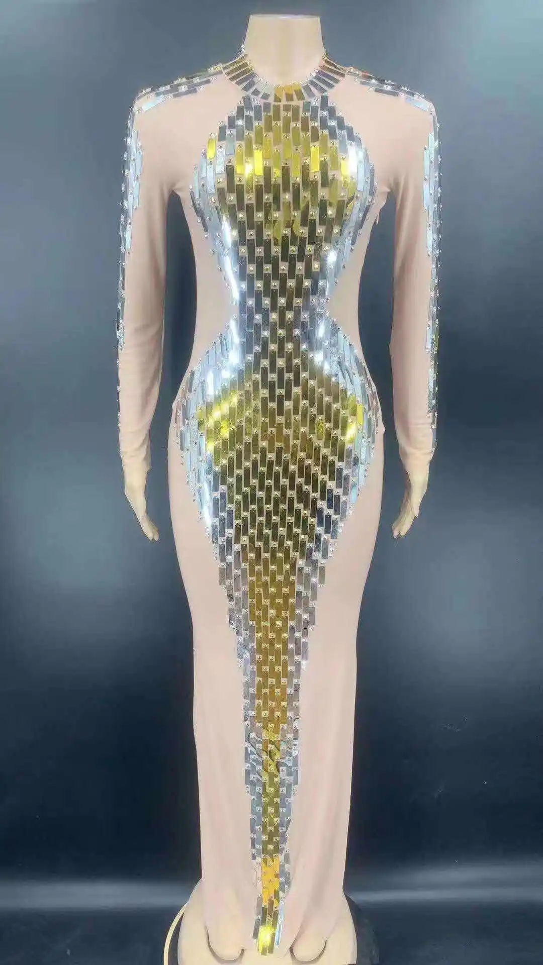 

Shining Gold Silver Sequined Long Dress Women Birthday Celebrate Party Evening Bodycon Dress Singer Sexy Transparent Stage Wear
