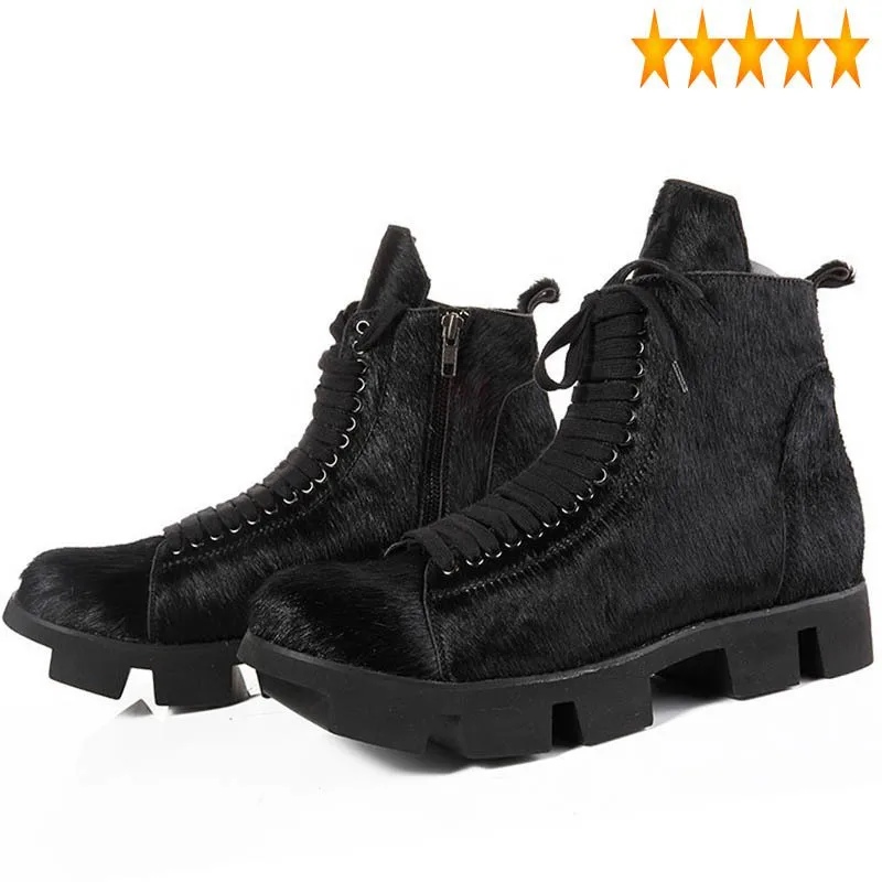 

Platform Mens Winter Snow Gothic Shearling Horse Fur Genuine Leather Ankle Boots Male High Top Lace Up Work Safety Shoes
