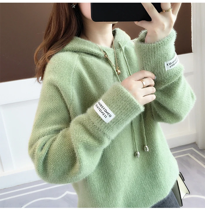 Surmiitro Mink Cashmere Knitted Hoodies Women Autumn Winter Korean Kpop Long Sleeve Hooded Sweatshirt Female Pullover Blue