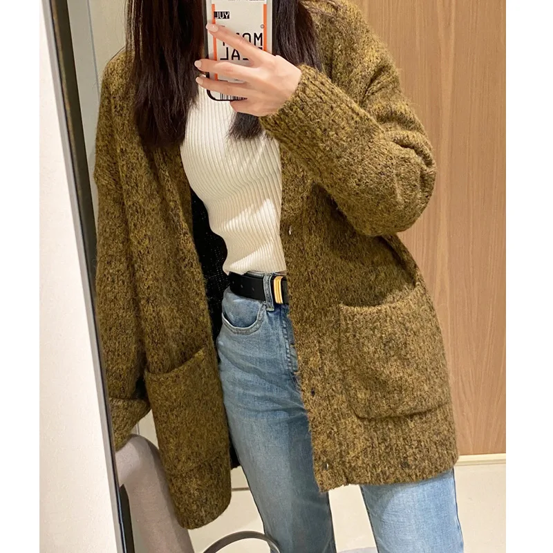 

Women Green Knit Cardigan V-neck Loose Long Sleeve Casual 2021 New Knitwear Sweater with Double Pockets
