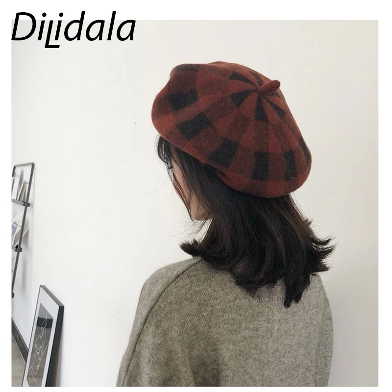 Dilidala, Зимний берет для женщин, утолщенный стереоскопический шерстяной берет в клетку, благородная шляпа художника, ретро дикая шапка, зимние шапки, берет