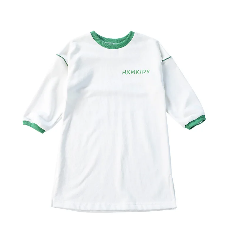 

2021 autumn new parent-child wear mother-daughter printed T-shirt skirt girls threaded neck letter knitted long dress