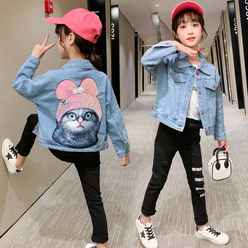 

Kids Denim Jackets for Girls Baby Cat Pattern Coats Spring Autumn Fashion Child Kids Outwear Ripped Jeans Paillette Jackets