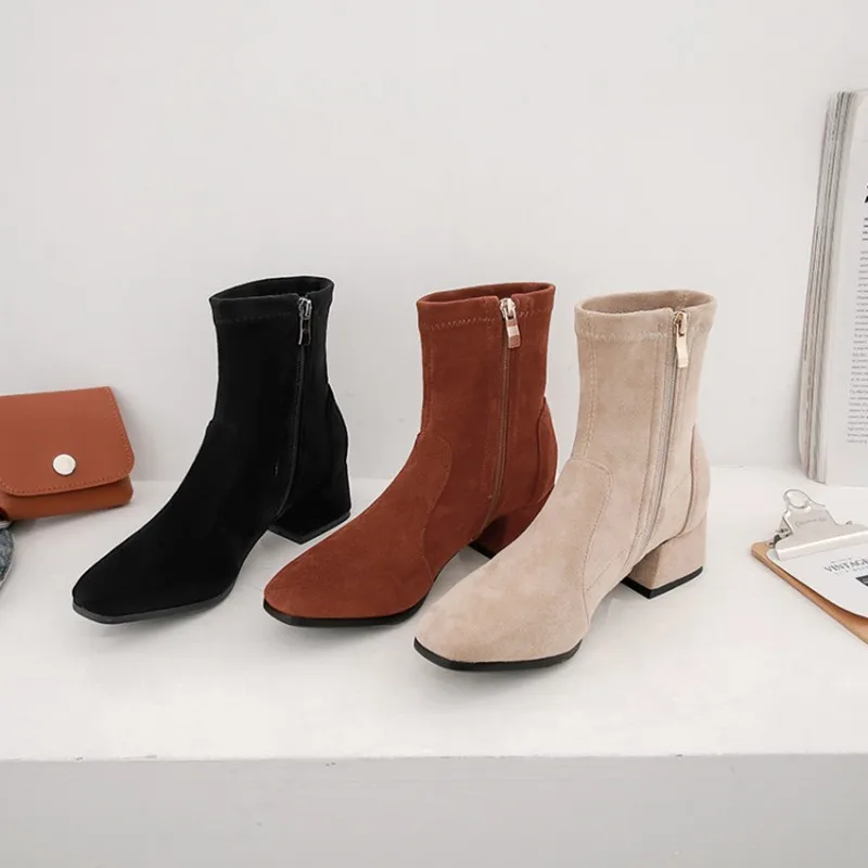 

Ochanmeb Good Quality Women's Faux Suede Leather Stretch Ankle Boots Black Brown Nude Booties Autumn Fall Shoes Woman Size 33-43