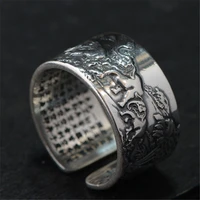 real 990 pure silver mens biker rings with elephant engraved vintage punk style heart sutra engraved buddhism animal jewelry