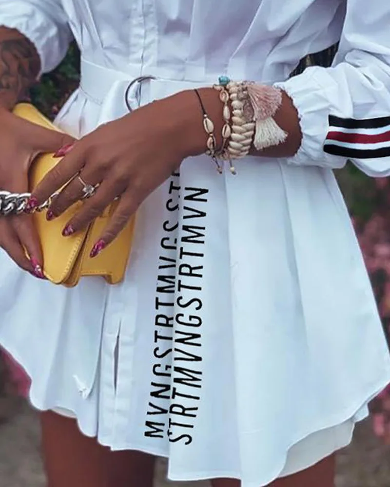 

Blusa Vadim Women's Polyester Long Turn-down Collar Sashes Full Broadcloth Shirt 2020 New Hot Sale Letter Printing Waist