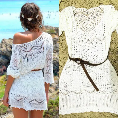 

Women Swimwear Bathing Suit Beach Dress Lace Crochet Bikini Cover Up Boho Hollow Out Knitted Tops Biquinis Feminino Vestidos