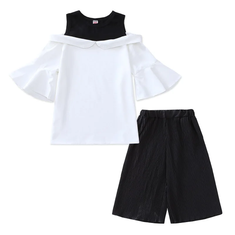 

Chiffon Slack Shoulder Girls Clothing Sets For Princess Suits 2020 Summer T-shirts+Wide Leg Pants 2Pcs Fashion Girls Clothes
