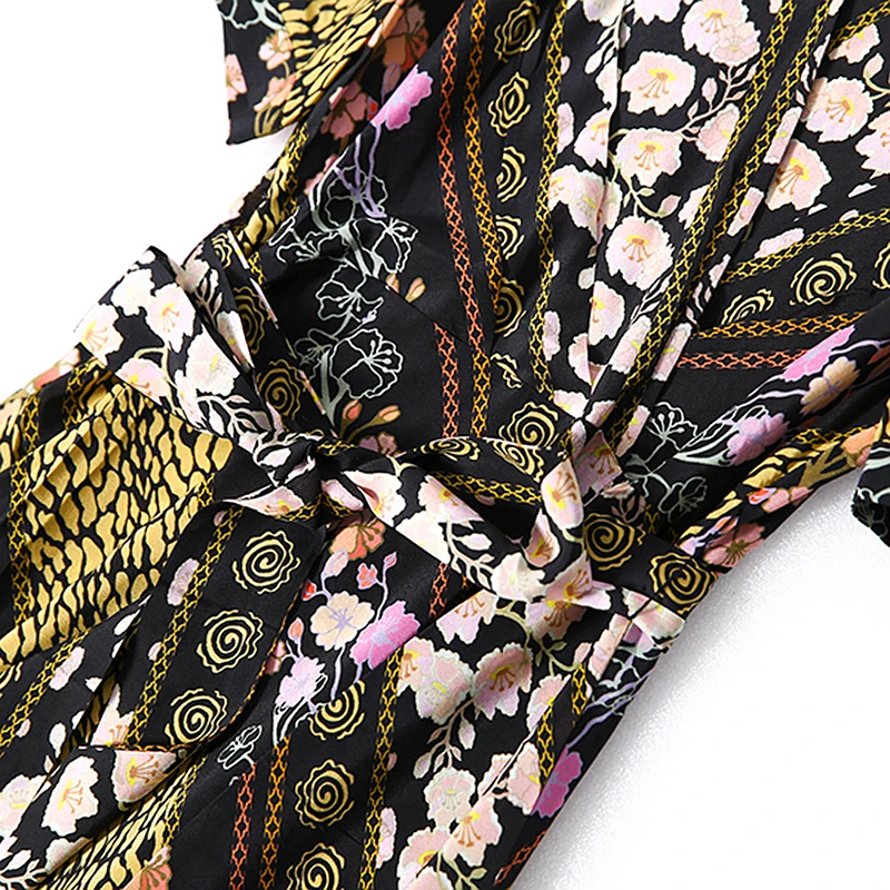 

100% Silk Dress Women Floral Printed Tie V Neck Short Sleeves Lightweight Fabric Elegant A-line Casual Long Dress New Fashion