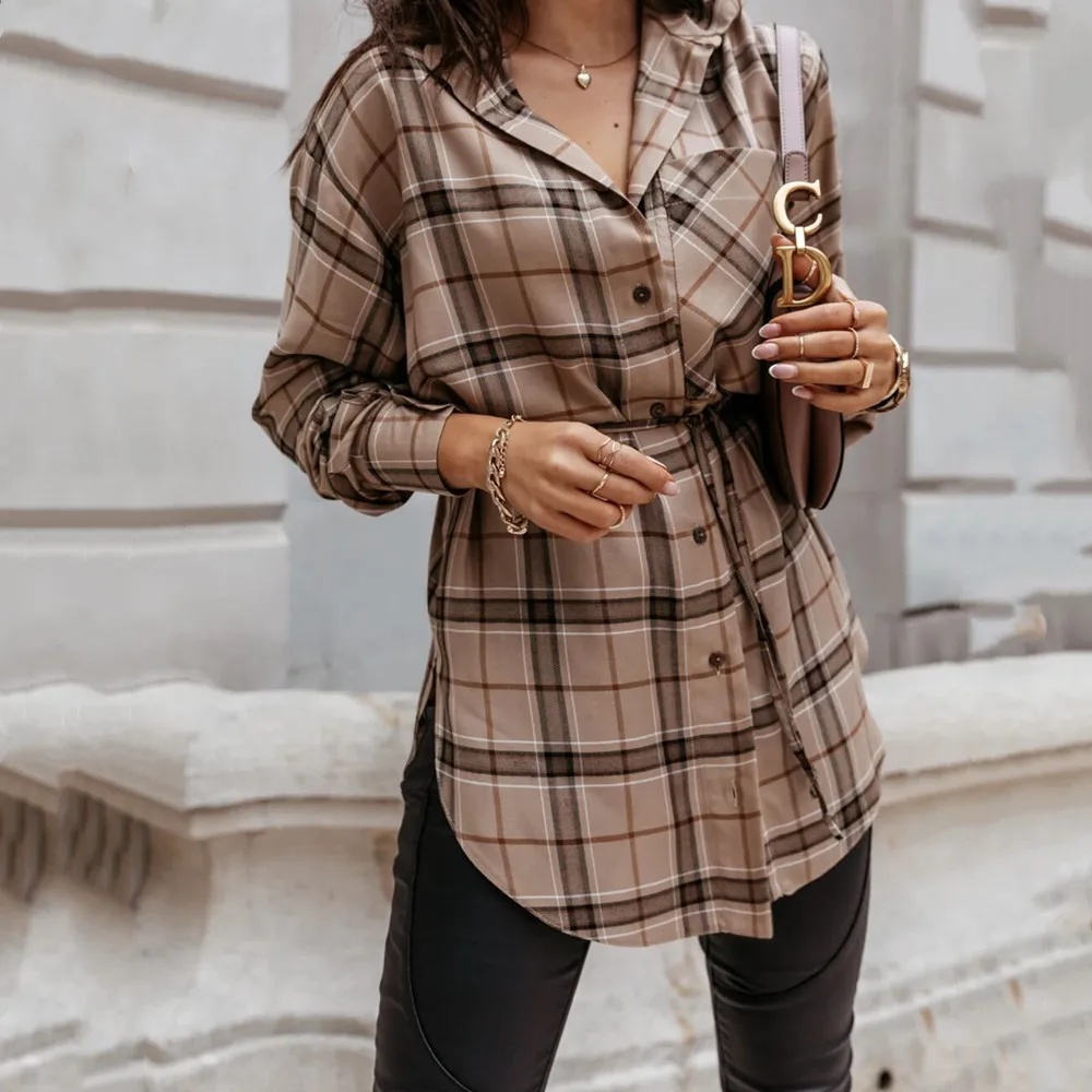 

Women's Shirt Oversized Autumn Plaid Cotton Blends Long Sleeve Female Shirts Top Loose Single Breasted Plus Size Women Blouse