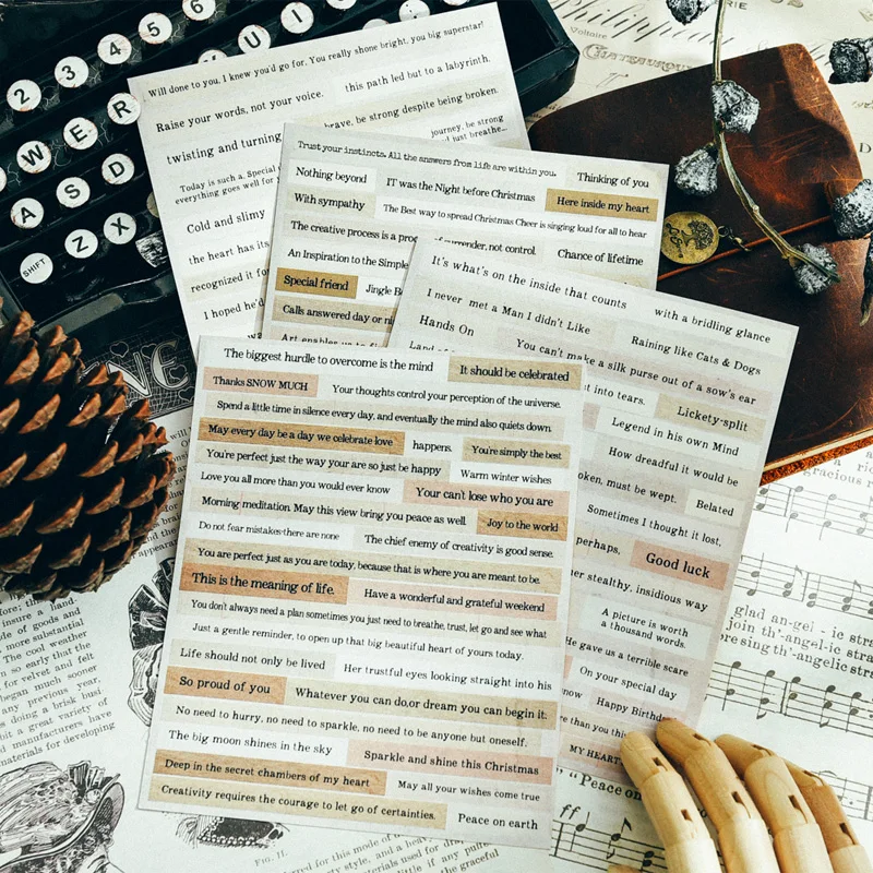 

4 Sheets Retro Phrase Junk Journal Ephemera Vintage Stickers Decorative Album Diary DIY Stickers Scrapbooking Material Supplies