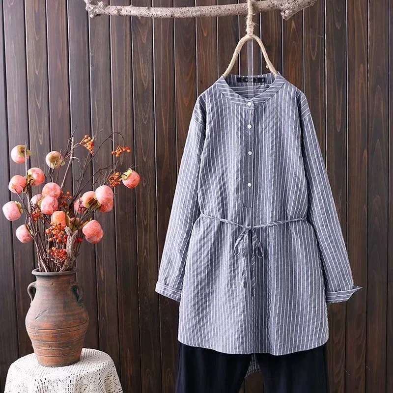 

Plus Size XL-4XL Women's Long Sleeved Muslimah Blouse Ladies' Striped Long Tops Full Cotton Elegant Tops