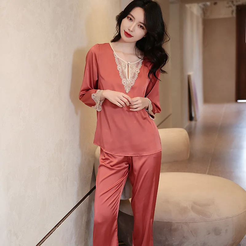 

Casual 2PCS Tops&Pants Lace Patchwork Sexy Women Pajamas Suit Deep V-neck Loose Sleepwear Intimate Lingerie Lady Home Clothing