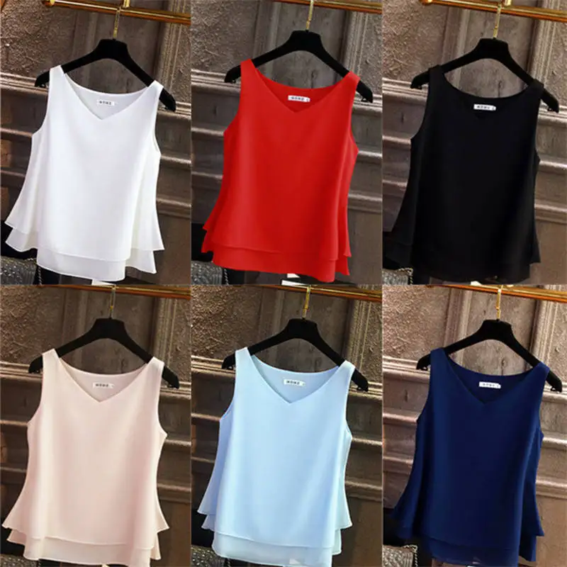 

2020 Fashion Brand Women's blouse Tops Summer sleeveless Chiffon shirt Solid V-neck Casual blouse Plus Size 5XL Loose Female Top