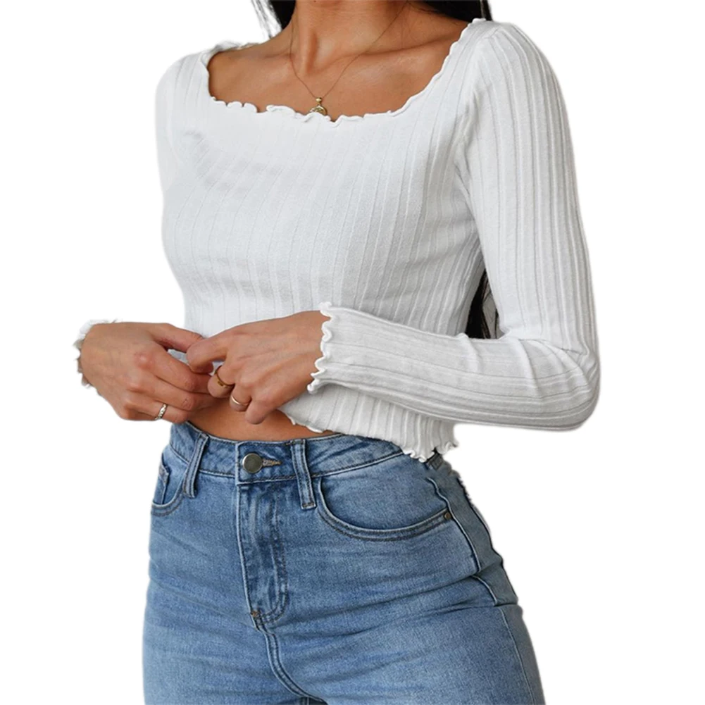 Женский однотонный укороченный топ с длинным рукавом Модный пуловер открытыми