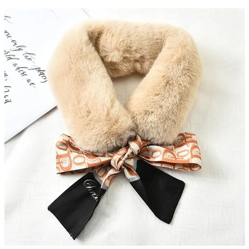 

New Long Skinny Silk Letter Leopard Printed Hair Head Scarf With Winter Warm Faux Fur Neck Collar Scarves For Women Foulard