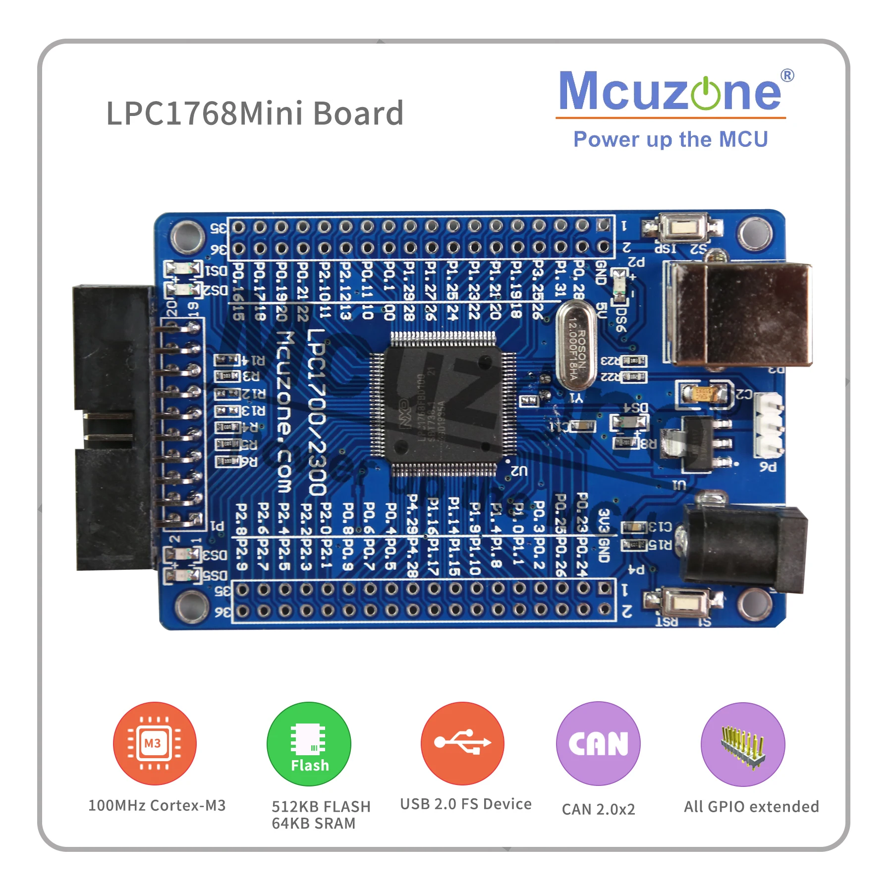 LPC1768 Mini Board 100MHz Cortex-M3, USB, EMAC, UART, SPI, I2C, ADC, DAC, SD NXP GPIO CAN