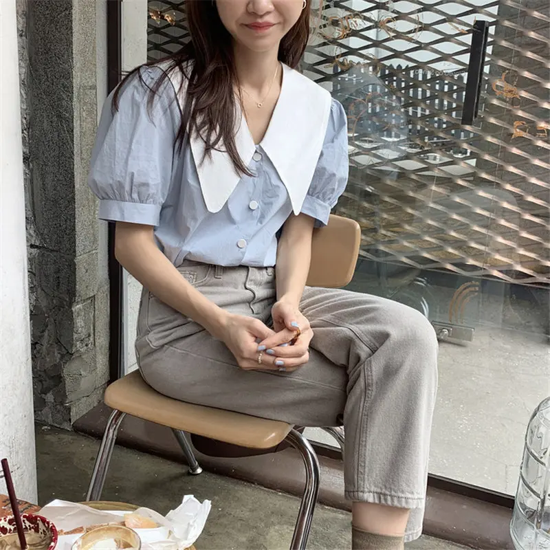 

Casual Sweet Girls All Match Shirt Gentle Lovely Blue Short Sleeve Chic Elegance OL High Street Loose Summer