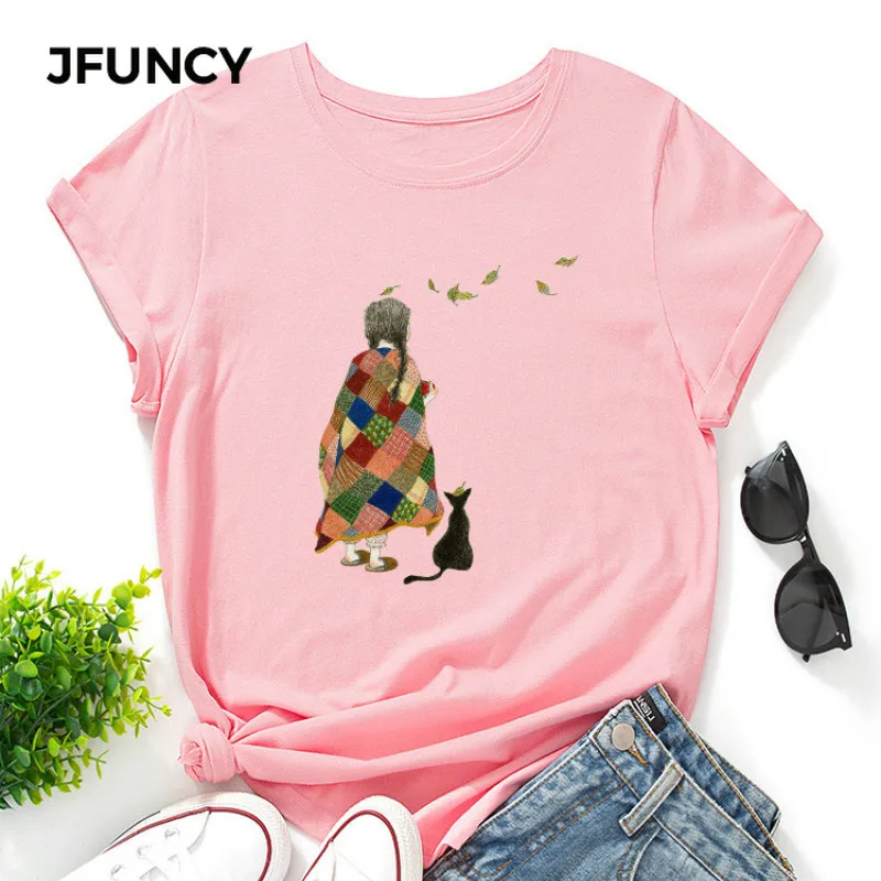 

JFUNCY Women's Tee Shirt Summer Women Tops Female Clothes Plus Size Short Sleeve Cotton T-shirt New Cartoon Print Woman Tshirt