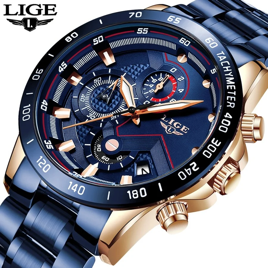 

LIGE Men Watches Top Brand Luxury Stainless Steel Blue Waterproof Quartz Watch Men Fashion Chronograph Male Sport Military Watch