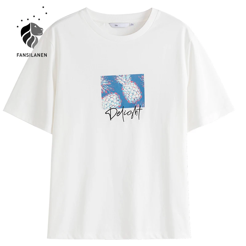 

FANSILANEN Office Lady Pineapple Letters Simple Short-sleeved T-shirt Female 2021 Summer New Loose Wild Casual Women Top