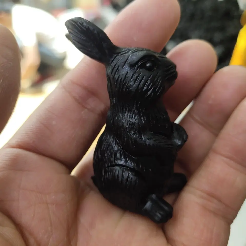 

Cute Natural Stone Black Obsidian Handmade Carved Bunny Animal Powerful Statue For Home Decoration Gift