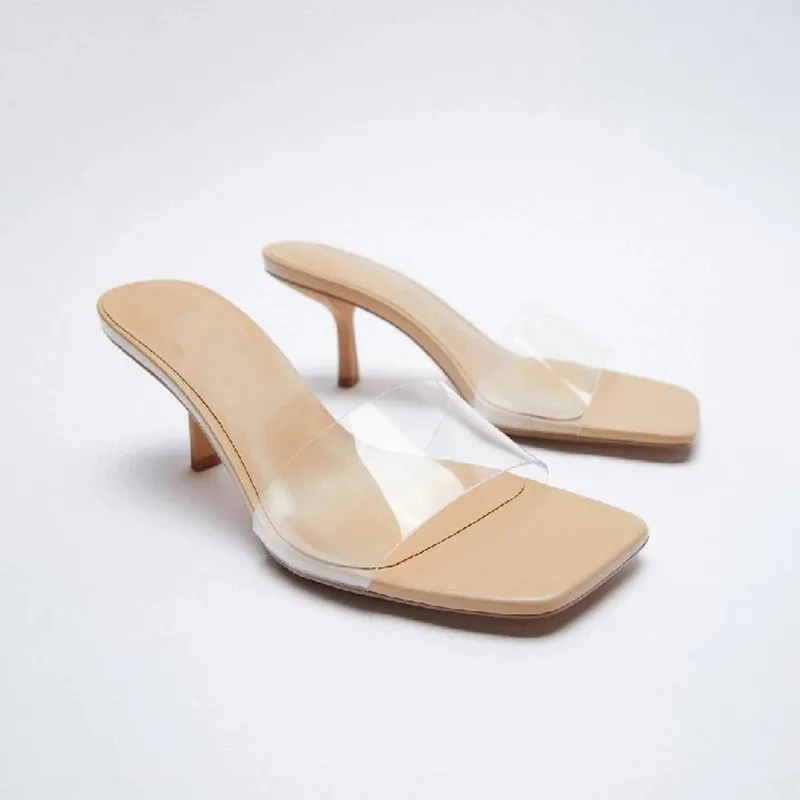 

ZAR 2021 Summer New PVC One Word With Fashion Square Toe Thick High Heels Sexy Crystal Muller Sandals And Slippers Women Luxury