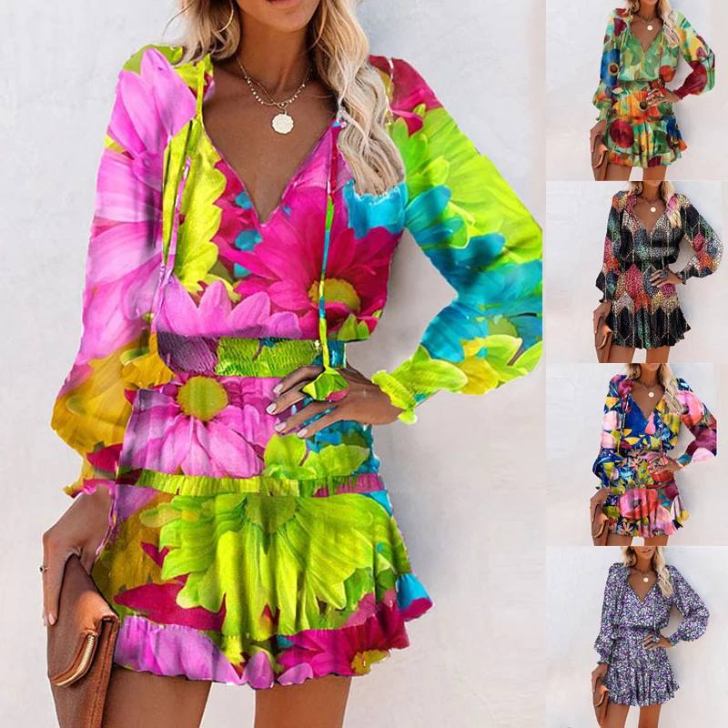 

Colorful Floral Printed Women's Dresses Autumn Female Long Sleeve V Neck Elastic Waist Mini Dresses Sexy Color-Contrast Dress