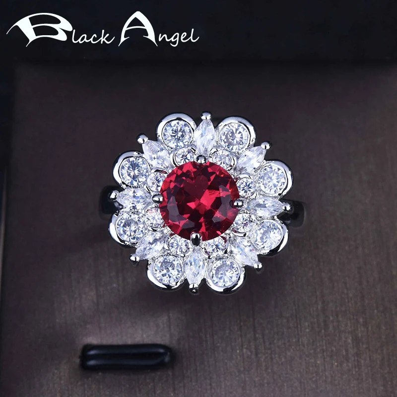 

BLACK ANGEL Ladies Luxury Imitation Big Ruby Flowers Ring Red Gemstone Shiny Zircon Bride Wedding Party Silver Jewelry For Women