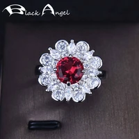 black angel ladies luxury imitation big ruby flowers ring red gemstone shiny zircon bride wedding party silver jewelry for women