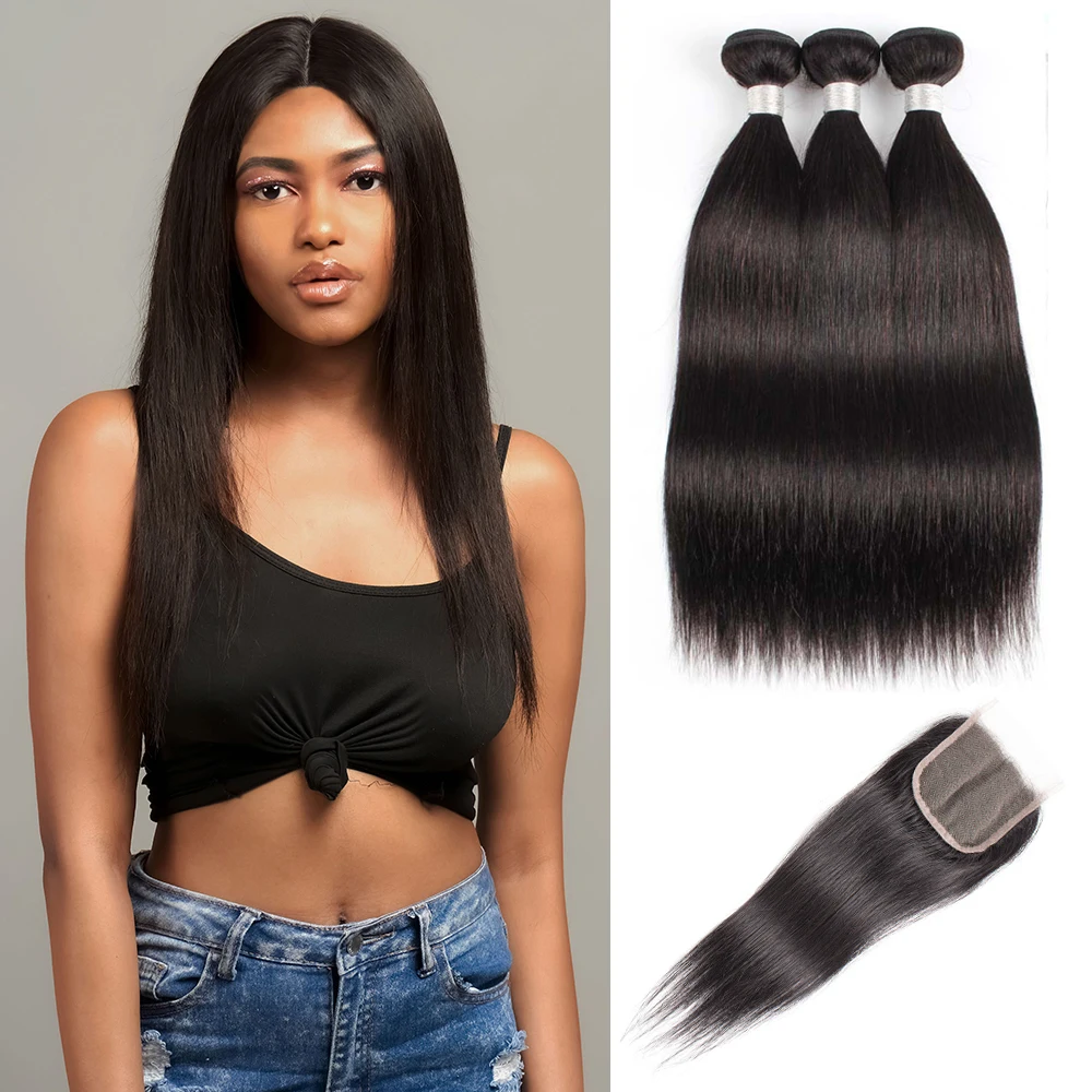 Straight Bundles with Closure 4x4 Transparent Lace Pre-plucked Natural Color 30 inch Indian Remy Human Hair Extensions BOBBI