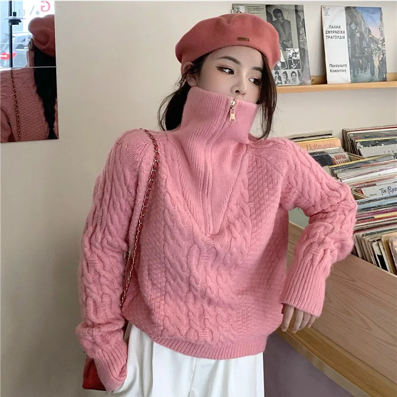 

2021 spring winter sweater loose lazy wind thick high turtleneck zipper pullover sweater coat tops pullovers
