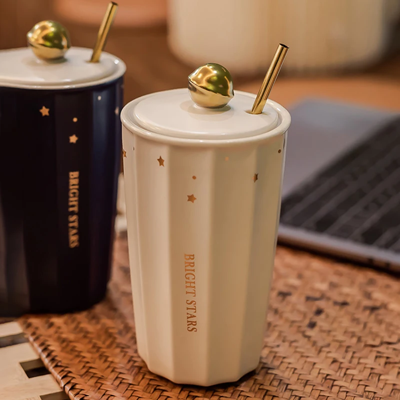 450ML Ceramic Reusable Cups with Lids and Straws Nordic Style Double-Layer Water Bottles Portable Cute Milk Tea Coffee Drinkware - купить по