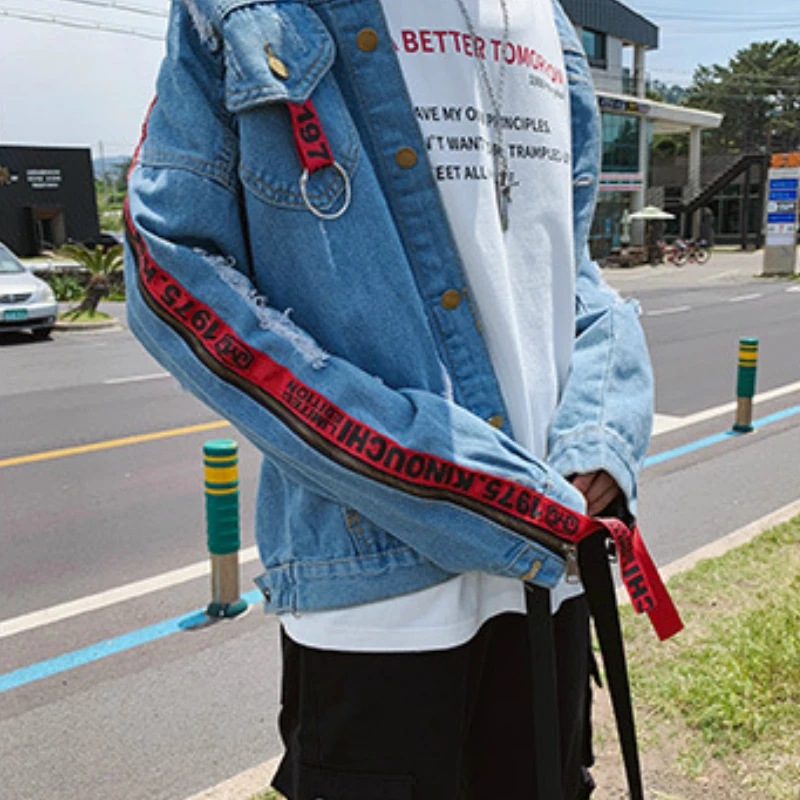 

Men Jackets Turn-down Collar Holes Chic Printed Leisure Loose 3XL All-match High Street Teens Mens Harajuku Pockets Ulzzang New