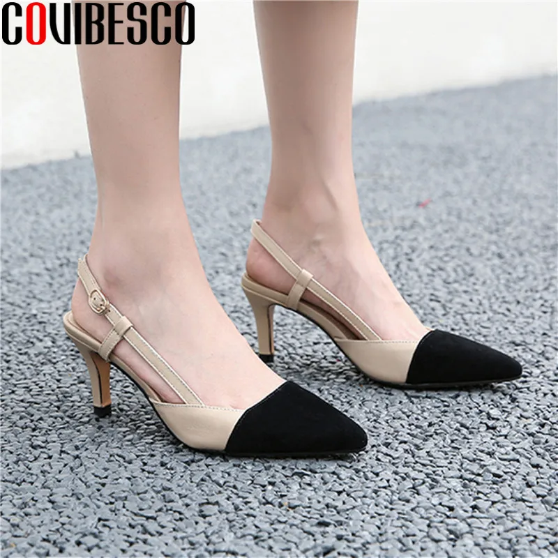 

COVIBESCO Retro Mixed Colors Genuine Leather Bottoned Ssandals Pointed Toe High Heels Pumps Quality Fashion Prom Shoes Woman