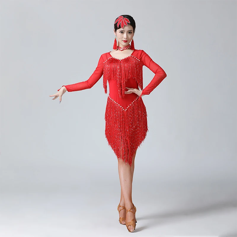Женское цельнокроеное платье с бахромой для латиноамериканских танцев |